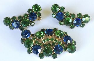 Signed Karu Vintage Brooch Pin Earring Gold Blue Green Faceted Rhinestone Set