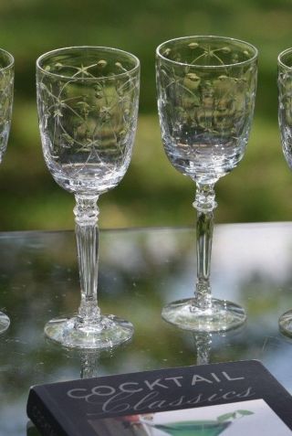Vintage Etched Crystal Wine Cordial Glasses,  Set Of 4,  Fostoria,  Cristina,  C1940