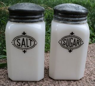 Vintage Hazel Atlas Art Deco Sugar Salt Shaker White Milk Glass Stove Range Set