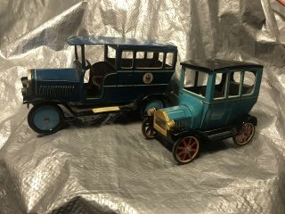 2 Vintage Tin Trade Mark Modern Toys Lever Action & Friction Car Made In Japan