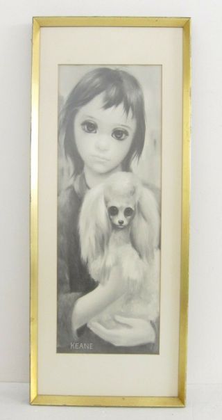 Margaret Keane Big Eye Girl W/ Dog Mod Vintage 1960s B/w Lithograph Framed 11x28