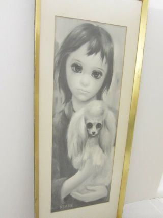 Margaret Keane Big Eye Girl w/ Dog Mod Vintage 1960s B/W Lithograph Framed 11x28 2
