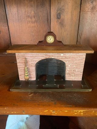 Vintage Dollhouse Brick Fireplace W/ Wood Mantle,  Clock,  & Slate