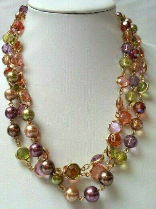 Stunning Vintage Estate Window Pane & Faux Pearl Beaded 61 " Necklace 2163m