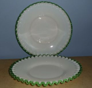 2 Vtg Fenton Emerald Green Crest Milk Glass Lunch Salad Plate 8 1/4 "