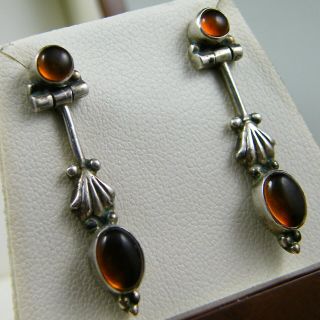 Vintage Art Deco Baltic Amber Cabochon 925 Silver Shell Hinged Drop Earrings