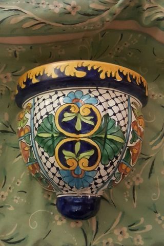 Vintage Hand Painted Large Ceramic Style Wall Pocket/planter Blue Yellow White