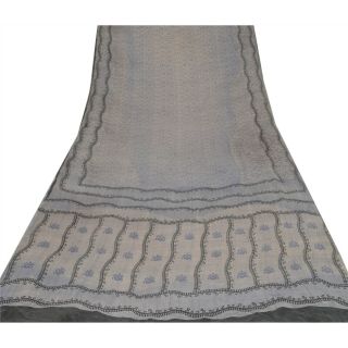 Sanskriti Vintage Grey Saree Pure Crepe Silk Printed Sari Craft 5Yd Soft Fabric 3