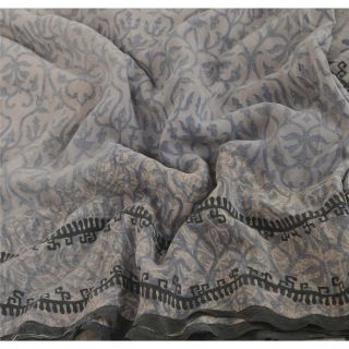 Sanskriti Vintage Grey Saree Pure Crepe Silk Printed Sari Craft 5Yd Soft Fabric 5