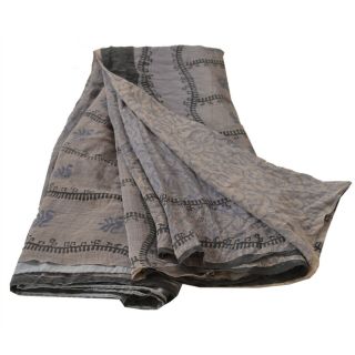 Sanskriti Vintage Grey Saree Pure Crepe Silk Printed Sari Craft 5Yd Soft Fabric 6