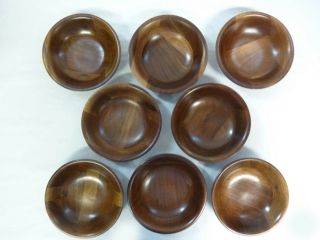 8 Vtg Solid Walnut Wood Vermillion Individual 6 " Salad Bowls W/labels Midcentury