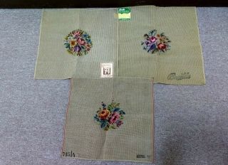 Vtg Pre - Worked (3) Needlepoint Canvas Floral Design Paragon Bucilla Seat Covers