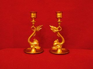 Two Vintage Brass Koi Fish Serpent Candlestick Holders,  Fanciful