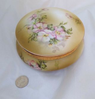 Vintage Nippon Hand Painted Porcelain Powder Box Jar Bowl Gold Hinge Trim 5 1/2 "