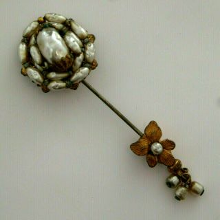 Vintage Miriam Haskell Pearl Bead Gold Plated Stick Pin Jewelry