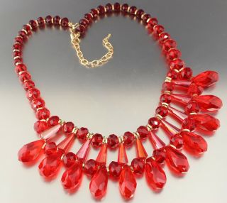 Vintage 80’s Red Crystal Glass Bead Drop Bib Necklace