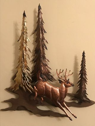 Vintage 3 - D Wall Plaque Metal Buck Deer Pine Trees On Wood Base - Cabin Decor