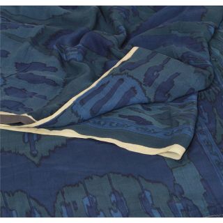 Sanskriti Vintage Blue Saree 100 Pure Crepe Silk Printed Sari Craft Fabric