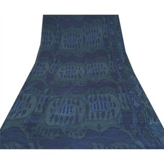 Sanskriti Vintage Blue Saree 100 Pure Crepe Silk Printed Sari Craft Fabric 3