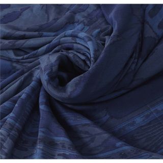Sanskriti Vintage Blue Saree 100 Pure Crepe Silk Printed Sari Craft Fabric 4
