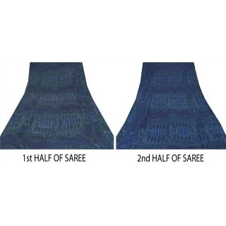 Sanskriti Vintage Blue Saree 100 Pure Crepe Silk Printed Sari Craft Fabric 7