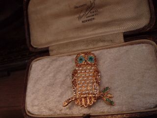 Butler & Wilson B&w Vintage Owl Brooch Pearl,  Topaz Emerald & Turquoise Crystals