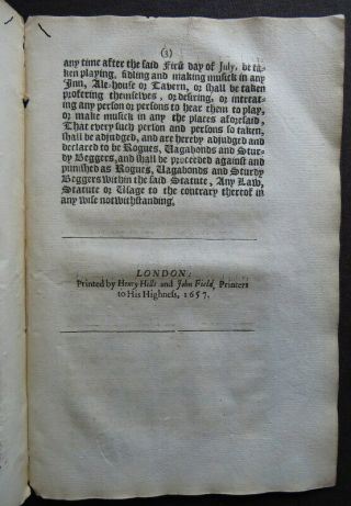 CROMWELL ACT 1657 AGAINST VAGRANTS Commonwealth BAN FIDDLERS MUSIC IDLE BEGGAR 11