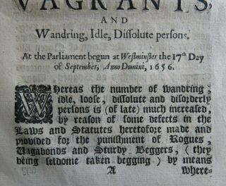 CROMWELL ACT 1657 AGAINST VAGRANTS Commonwealth BAN FIDDLERS MUSIC IDLE BEGGAR 3