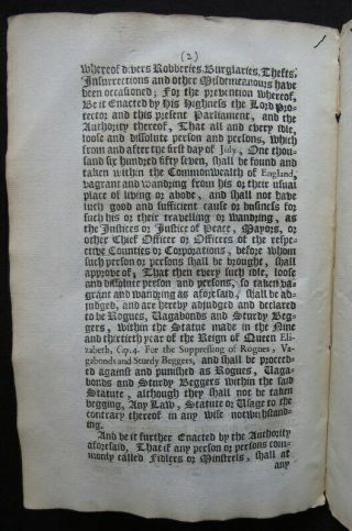 CROMWELL ACT 1657 AGAINST VAGRANTS Commonwealth BAN FIDDLERS MUSIC IDLE BEGGAR 5