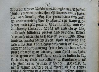 CROMWELL ACT 1657 AGAINST VAGRANTS Commonwealth BAN FIDDLERS MUSIC IDLE BEGGAR 6