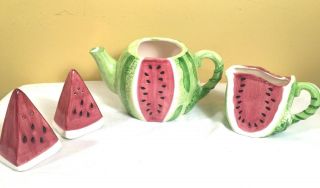 Vintage Ceramic Watermelon Kitchen Set Salt Pepper Shakers Soup Bowl Pitcher