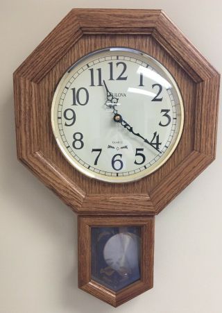 Vintage Bulova Pendulum Quartz Wall Clock - Oak Finish,  Looks & Great