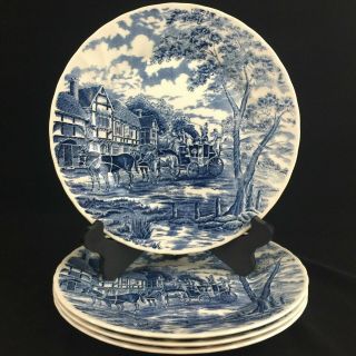 Set Of 4 Vtg Dinner Plates Churchill Royal Mail Blue Wessex Stage Coach England