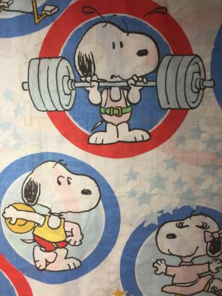 Vtg 1960s - 70s Peanuts Snoopy Twin Sheets 3 Pc Set Olympic Sports Craft Fabric