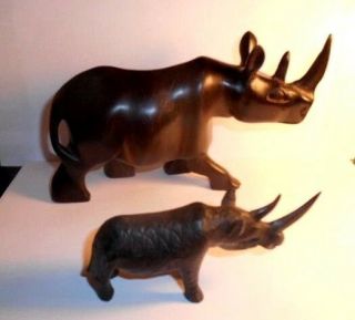 Vintage 2 Wood African Rhinoceros Rhino Hand Carved Figurines 7 " & 4 1/2 " Long