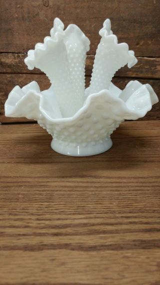 Vintage Fenton Milk Glass Epergen White Lace Bowl With Horns