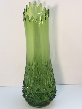 Vtg L E Smith Viking Tall Art Glass Swung Stretched Green Floor Vase Mid Century