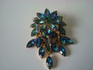 Vintage Blue Green Bi - Color Rhinestone Flower Pin Brooch With Dangles