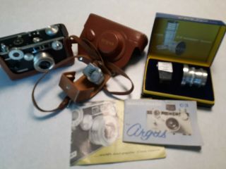 Vintage Argus C - 3 35mm Camera,  Case,  Handbook.  Extra Lens