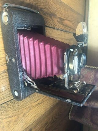 Rare Antique Eastman Kodak 3a Foldout Camera Red Bellows Leather Case 1900 