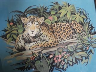 Vintage Tropical Jungle Leopard Paint By Number Framed Painting 17×21 Mid Modern