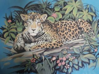 Vintage Tropical Jungle Leopard Paint By Number Framed Painting 17×21 Mid Modern 2