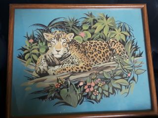 Vintage Tropical Jungle Leopard Paint By Number Framed Painting 17×21 Mid Modern 3