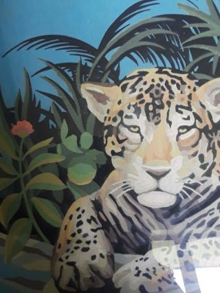 Vintage Tropical Jungle Leopard Paint By Number Framed Painting 17×21 Mid Modern 4