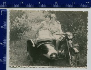 Vintage Ussr Photo Girls Girlfriends Motorcycle Bike Pannonia T5,  Duna 1960s