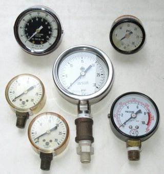 (6) Assorted Vintage Pressure/compression Gauges Mcdaniel/puma/us Gauge