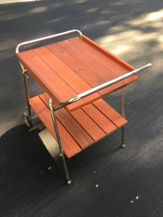 Vintage Redwood & Aluminum Patio Furniture 2 Wheel Bar Tea Cart Table