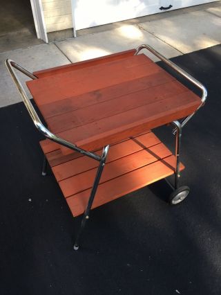 Vintage Redwood & Aluminum Patio Furniture 2 Wheel Bar Tea Cart Table 2