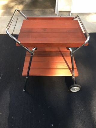 Vintage Redwood & Aluminum Patio Furniture 2 Wheel Bar Tea Cart Table 3