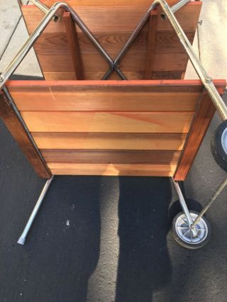 Vintage Redwood & Aluminum Patio Furniture 2 Wheel Bar Tea Cart Table 6